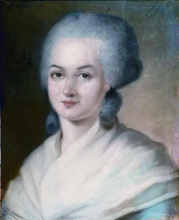 Pastel of a young woman with powdered grey hair and a white shawl